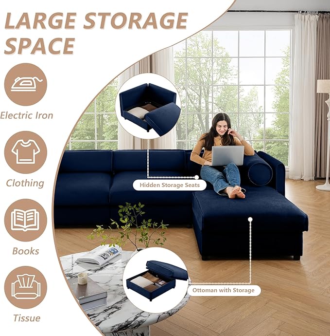 Oversized Modular Sectional Sofa 142.5 Chenille U-Shaped Sofa with Cylindrical Backrest &amp Armrest Modern Comfy 4-Seat Sofa with 2 Ottoman Upholstered Deep Seat Couch for Living Room Blue