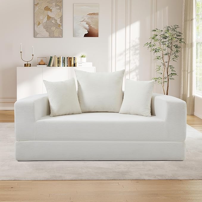 TTK 67” Oversized Round Sofa Bed 2 in 1 Convertible Circle Bed Folding Futon Lazy Floor Round Chaise Lounge Chair Comfy Corduroy Boneless Loveseat Couch for Living Room Apartment No Assembly (Beige)