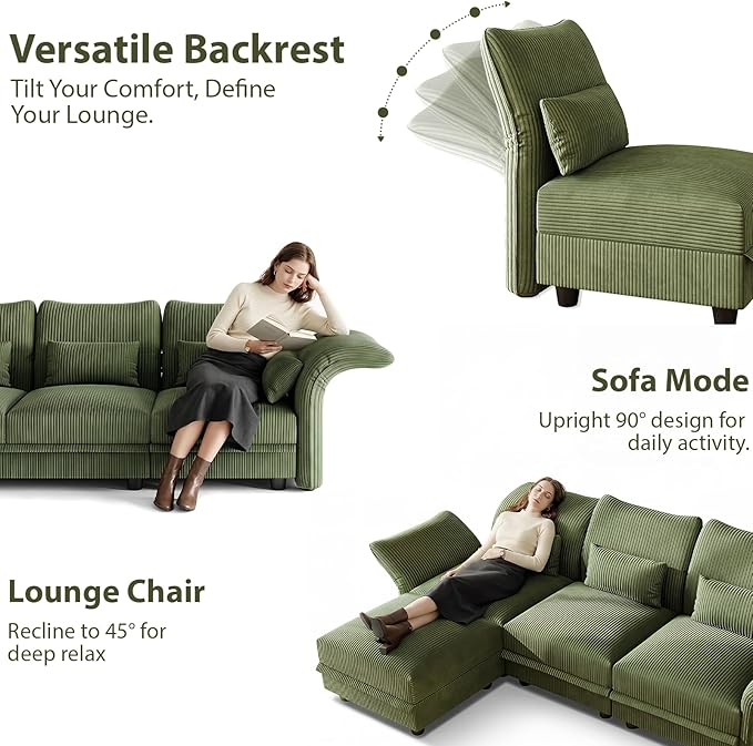 LLappuil 1 Piece Backrest for Modular Sectional Sofa Couch with Adjustable Angle Interchangeable to Armrest Carton E Green Corduroy | Tool Free Assembly Flexible Layouts