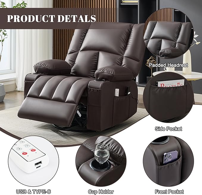 Oversized Recliner Chairs for Adults 270° Swivel Rocker Recliner with Heat and Massage Lazy Boy ReclinerRecliner Chairs Single Sofa Seat with Cup Holders (DarkbrownElectric)