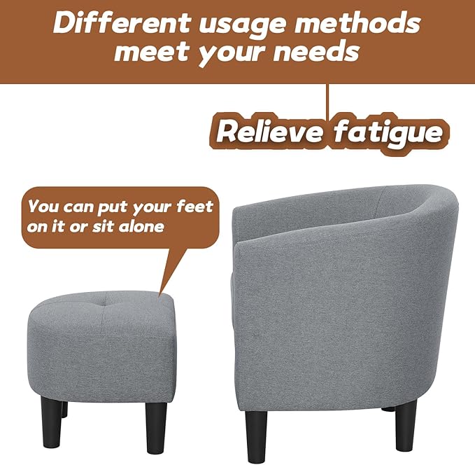 Anwick Accent Chair Barrel Chair with Ottoman Footstool Modern Upholstered Soft Comfy Club Accent Armchair Set for Living Room/Bedroom/Reading Room/Guestroom/Corner (Gray)