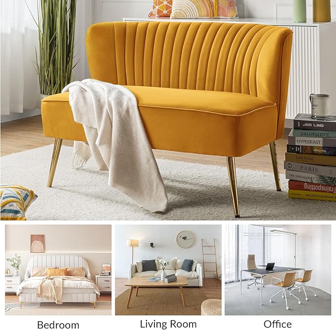 HULALA HOME Velvet Loveseat Sofa with Gold Legs Mid-Century Modern Upholstered Love seat Couch Tufted Small 2-Seat Sofa Armless for Living Room Bedroom Apartment Small Spaces Mustard
