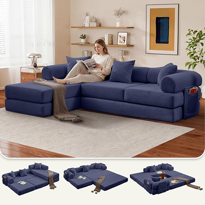Modular L Shaped Sofa Bed with Cylindrical Pillow &amp Reversible Chaise Corduroy Convertible Floor Boneless Sofa Couch Bed with Fixed-Shape Frame &amp Storage Pocket for Living Room Blue