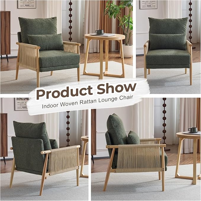 Karl home Cozy Chenille Accent Chair with Lumbar Pillow &amp Rattan Arms Modern Lounge Chair for Living Room Bedroom Reading Nook Green