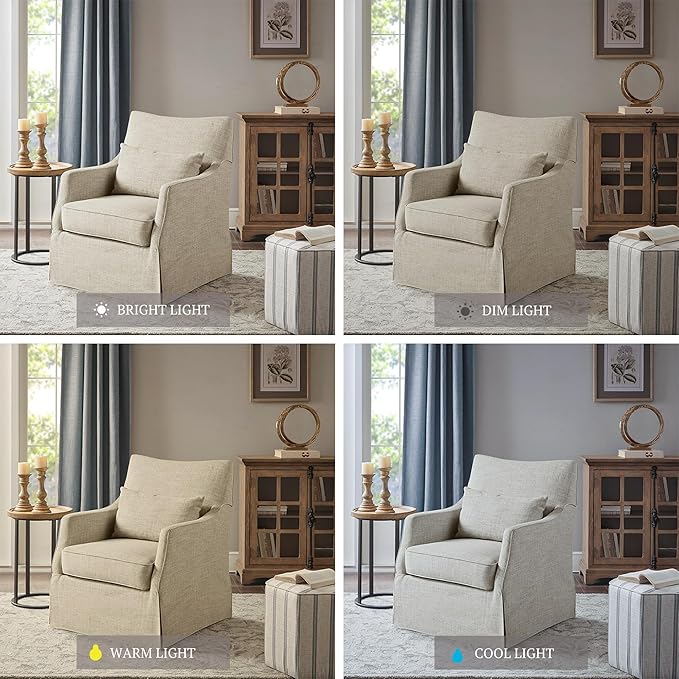 Martha Stewart London Swivel Chair - Solid Wood &amp Plywood Skirted Metal Base Accent Armchair Lumbar Pillow -Modern Classic Family Room Sofa Furniture Bedroom Lounge 28X31.5X35.25 Beige Mult