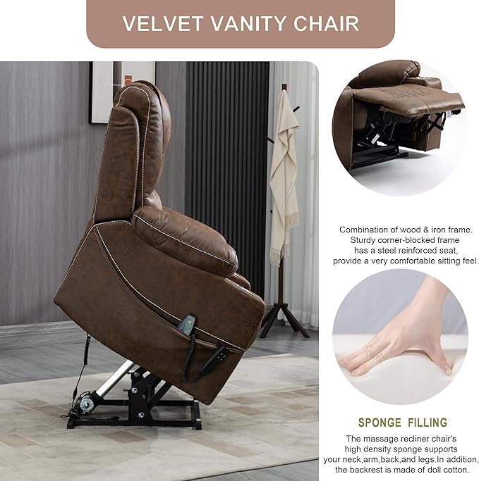 Large Power Lift Recliner Chair Sofa with Massage and Heat for Big and Tall ElderlyInfinite PositionsDual MotorCup HoldersExtended FootrestAir Leather Home Theater Seat