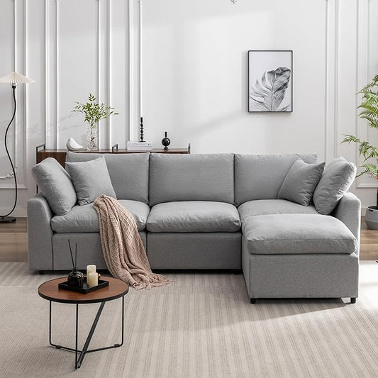 kevinplus 104 Sectional Sofa Couch Cloud Sofa Couch Dupes with Feather Filled for Living Room L-Shaped 3-Seat Sofa Couch for Apartment Washable Cushion Cover &amp Convertible Ottoman Light Gray