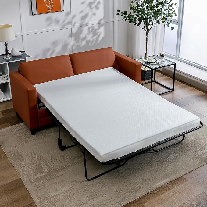 BALUS 73 Wide Full Size Pull Out Sofa Bed Convertible Sleeper with Memory Foam Mattress Modern Faux Leather Loveseat Couch for Apartment Living Room Includes 2 Bolster Pillows - Cognac