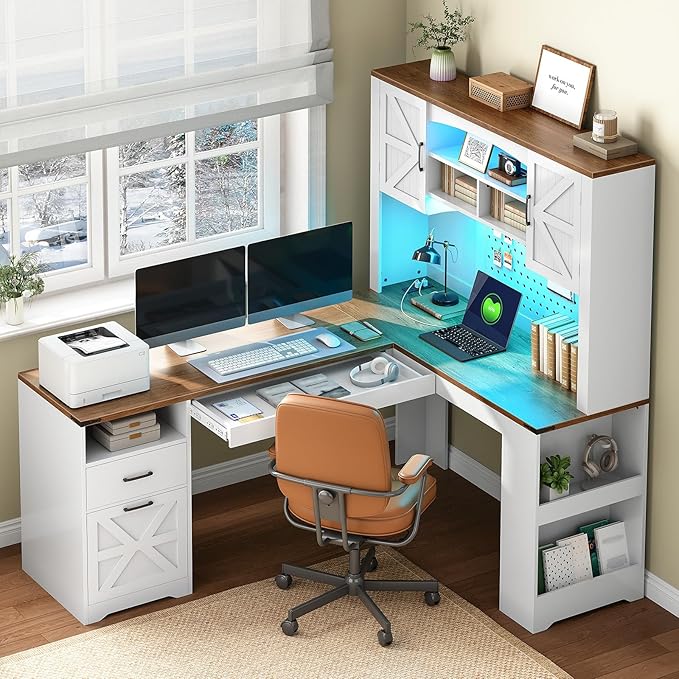 67'' L Shaped Executive Desk with Hutch Farmhouse Corner Computer Desk with File Drawer Wooden Office Desk with Storage Shelves and LED Lights for Home Office White Walnut