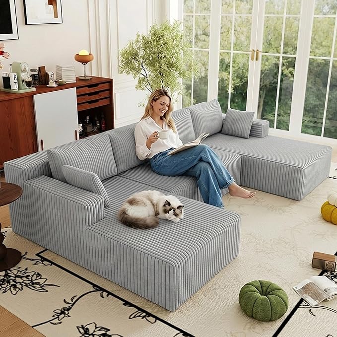 124 Cloud Sectional CouchModern U-Shaped Boneless Couch with Deep SeatComfy Corduroy 4-Seater SofaMemory Foam Sofa for Living RoomNo Assembly Required (Light Grey)
