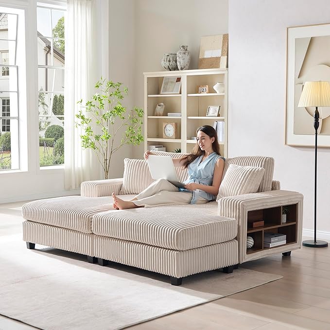 79.5 Oversized Double Chaise Lounge Chair Indoor Modern Upholstered Sleeper Sofa Bed with 2 Storage Armrests &amp Throw Pillows Comfy Fluffy Corduroy Couch for Living Room (Beige 79.5 Double Cha