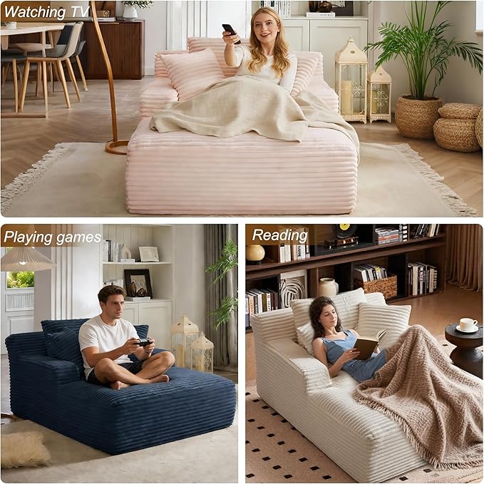 Avenix 66 Oversized Boneless Chaise Lounge Chairs Indoor Corduroy Chaise Lounges Chairs Indoor Comfy Reading Chair Cloud Sleeper Lounging Chair Sofa Couch Bed with 3 Pillows for Living Room Pink