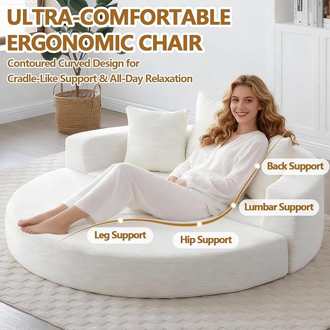 67'' Circular Convertible Compressed Sofa Bed White Corduroy Floor Lounge Round Boneless Couch Loveseat Sleeper Sofa Couch with 3 Cushions No Assembly for Apartment Bedroom