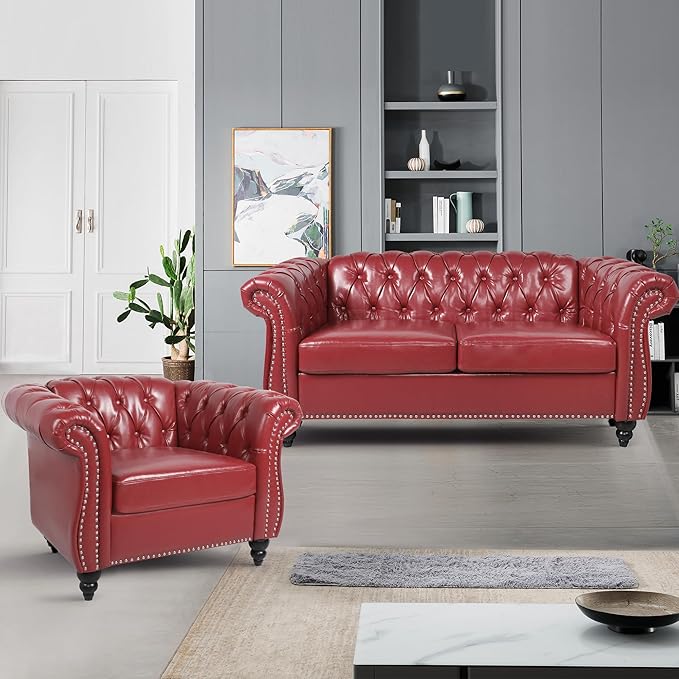 AVZEAR 2-Piece Living Room Sectional Sofa Set Upholstered Sofa Modern Sofa Couches Set Style Button Tufted PU Chesterfield Sofa for Living Room Apartment 1+2 Seat PU Claret