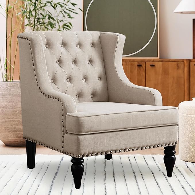 Rosevera Amelia 29 Modern Upholstered Accent Chair Armchair with Wingback Accent Leisure Chair Fabric Reading Living Room Single Sofa for Living Room Bedroom Balcony StudioTextile Beige