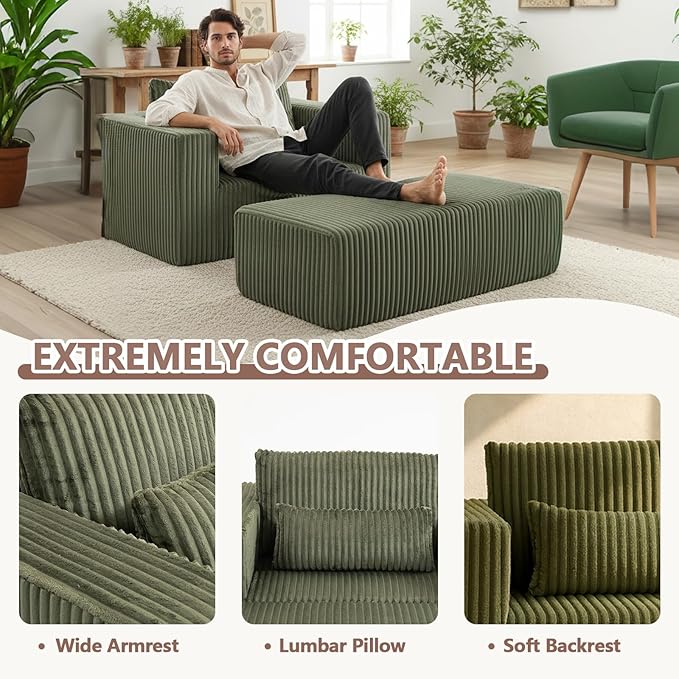 51” Oversized Boneless Chair with Ottoman Big Comfy Accent Chairs with Ottoman for Living Room Cloud Chaise Lounge Chair Indoor Plush Pillows|Corduroy (Saga Green)