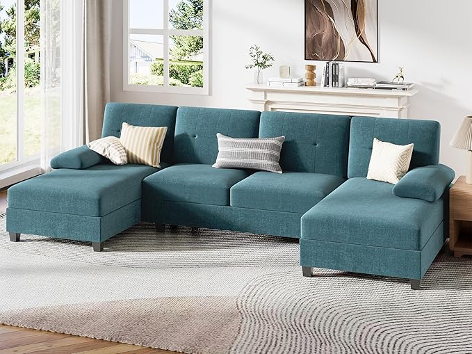 JY QAQA Sectional Couche with Soft Cushion U-Shaped Sofa with Double Chaise 4-Seat Linen Fabric Sofa Sets for Living Room Apartment Denim Blue