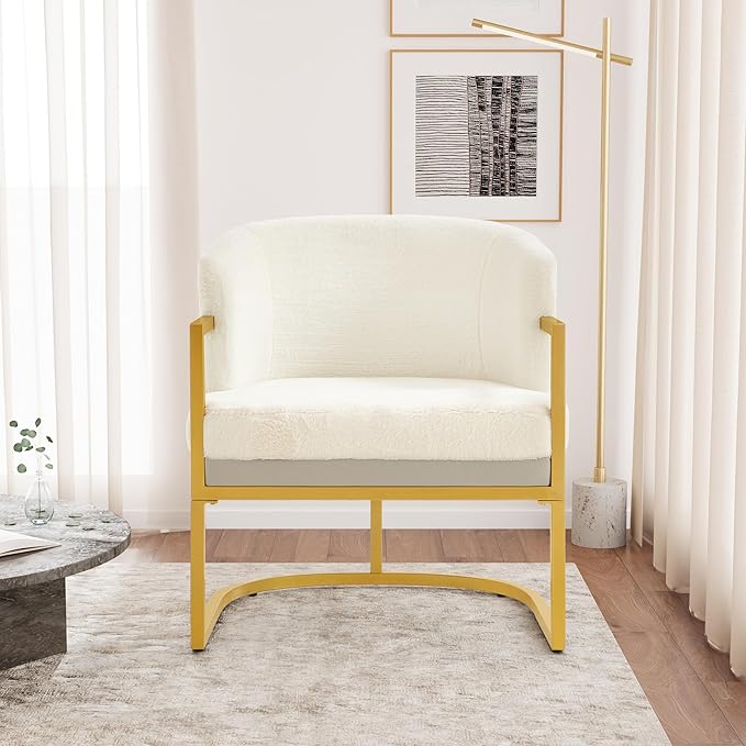 Christopher Knight Home Hailey Modern Accent Chair Faux Rabbit Fur Upholstered Lounge Chair Indoor Curved Backrest Armchair Soft Cushion Seating for Living Room Reading Home Beige + Gold