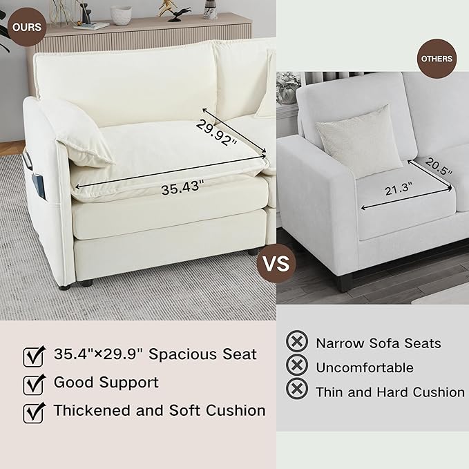KEIKI 75 Sectional Cloud Couch Sofa L-Shaped Lounge Sofa with Storage &amp Ottoman 3-Seater Convertible Sofas Set W/Pillow Chenille Upholstered Sofabed Indoor for Living Room Bedroom Office Beig