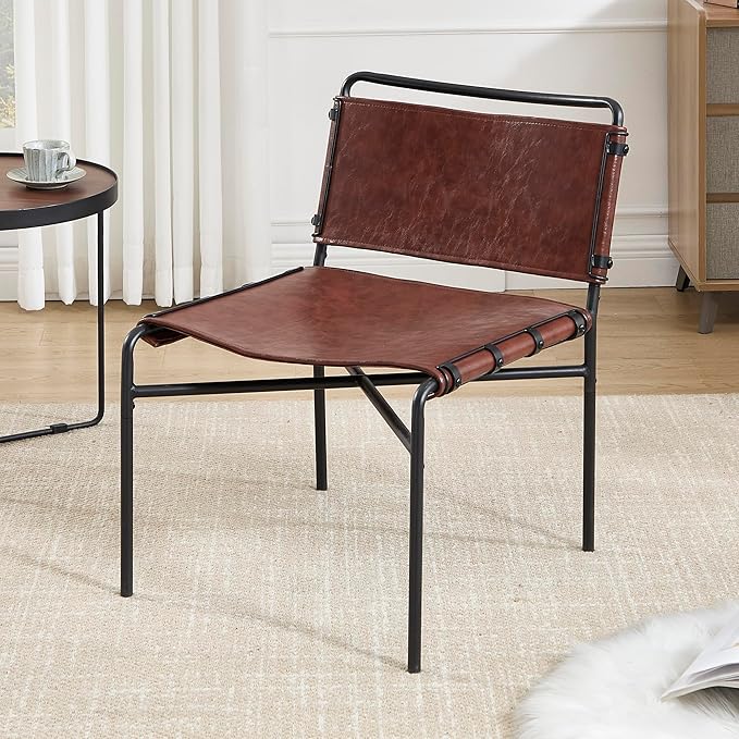 Accent Chairs Set of 2 - Mid-Century Modern Style Armless Lounge Chairs Sturdy Metal Frame Breathable and Comfortable Sling Chair for Living Room Bedroom and Small Spaces (Reddish Brown)