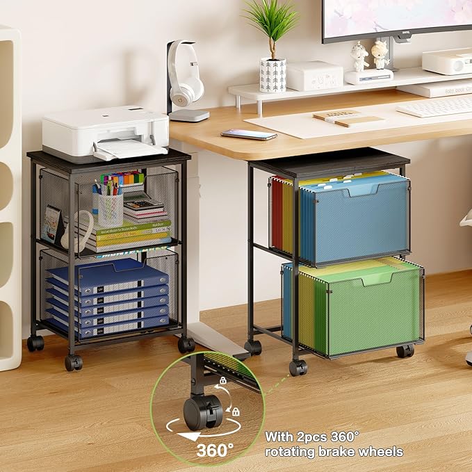 Letter/Legal Rolling File Cart with 2 Storage Drawers Under Desk Storage Vertical Filing Cabinet for Home Office Hanging File Folders Organizer Mobile Utility Cart Printer Stand Black
