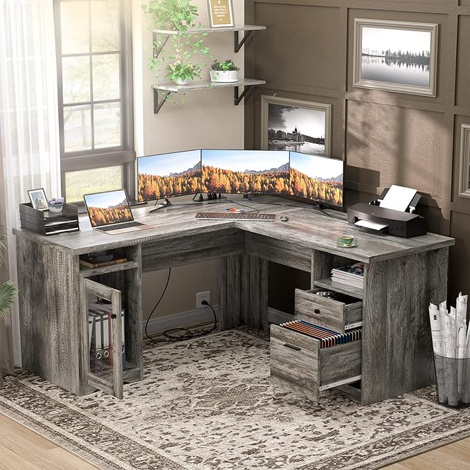 Unikito L Shaped Desk with Drawers 60 Inch Corner Computer Desks with USB Charging Port and Power Outlet Large 2 Person Home Office Table with File Cabinet Black Oak