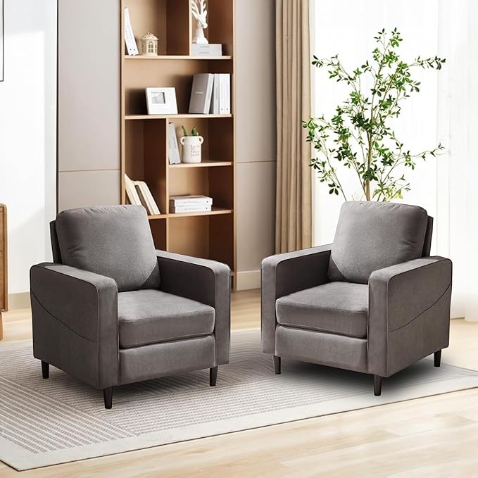 Mid Century Accent ChairModern Linen Fabric Armchair for Living RoomDouble Side Pockets Comfortable and Padded Reading Feature Sofa Chair Suitable for bedrooms Living Rooms and Offices(1 Pcs