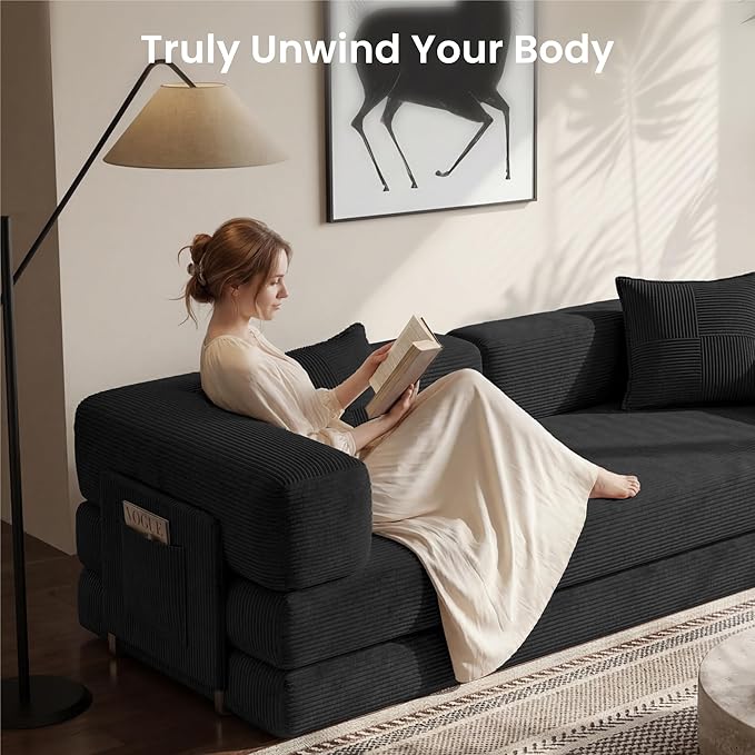 Convertible Floor Sofa Couch | 98.4’’ Folding Futon Sofa with Storage Pocket Oversized Corduroy Loveseat Sleeper Sofa with Pull Out Bed Modular Sectional Sofa for Apartment | Black