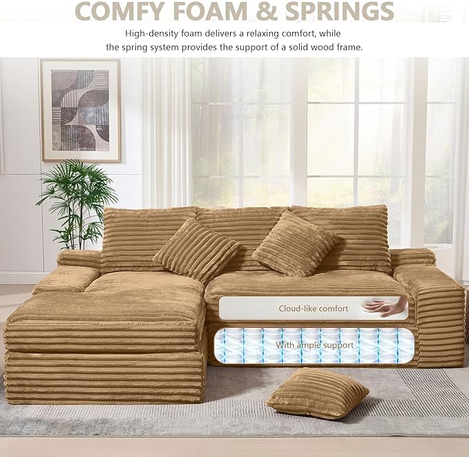 KIVENJAJA 98.8'' Small L-Shaped Sectional Couch with Chaise Fluffy Corduroy Cloud Couches Compression Boneless Sofa for Home Living Room Apartment Office No Assembly Required Brown