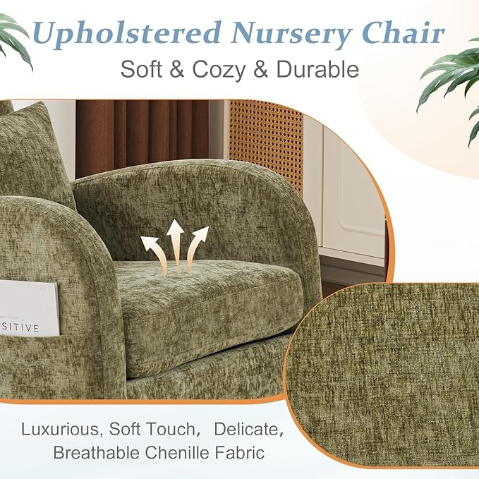 VINGLI Chenille Low Seat Rocking ChairUpholstered Nursery Glider Chair with Side PocketsAccent Arm Chair with High BackrestComfy Head RestSolid Woodfor Living Room Bedroom BalconyOlive Green