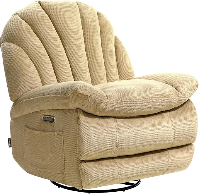 EONIX Dual Motor Power Swivel Rocking Recliner Chair for Living Room Armless Oversized Shell Shape Lazy Boy Rocker Recliner Plush Fabric Thickened Cushion Elevated Soft and Comfort Beige