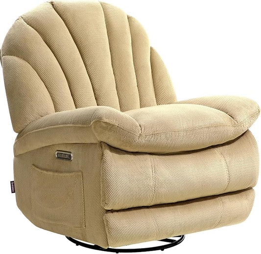 EONIX Dual Motor Power Swivel Rocking Recliner Chair for Living Room Armless Oversized Shell Shape Lazy Boy Rocker Recliner Plush Fabric Thickened Cushion Elevated Soft and Comfort Beige