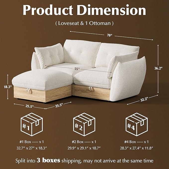 70 L Shaped Sofa Modular Sectional Cloud Couch with Storage Cotton and Linen Fabrics Modern Oversized Deep Seat Sofa with Armrest Pillow Easy Assembly for Living Room Apartment Ivory
