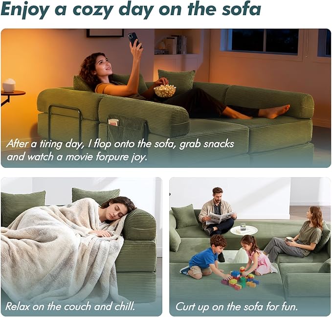 10-in-1 Folding Convertible Sofa Bed 141 Inch Boneless Couch with Fixed-Shape Frame Corduroy Modular Sectional Sofa Mattress Sleeper Sofa Floor Sofa Futon Couch for Living Room (Green)