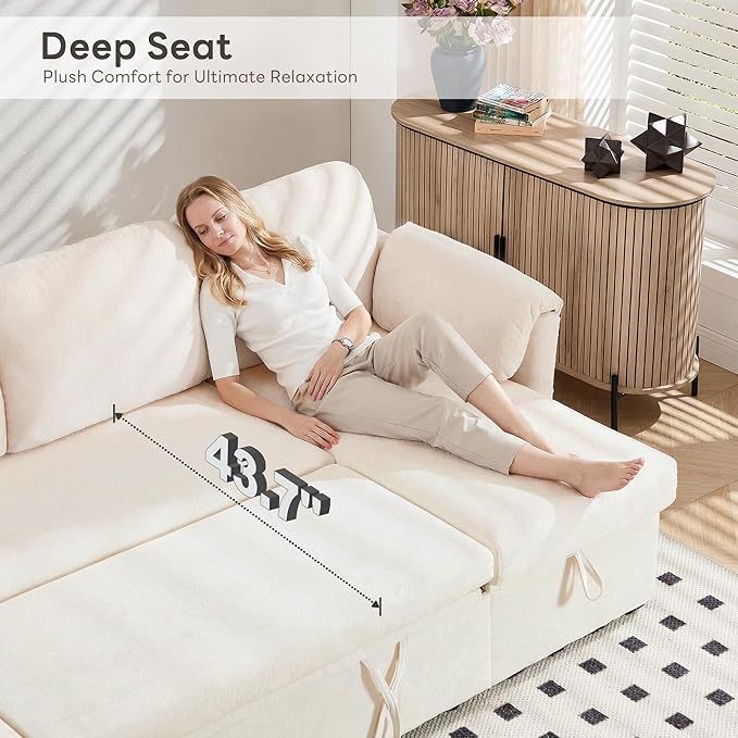 Tbfit 109'' Pull Out Sofa Sleeper Sofa Bed with USB &amp 2 Storage Chaises Comfy Oersized U Shaped Convertible Sectional Sleeper Couches for Living Room Apartment Office Beige