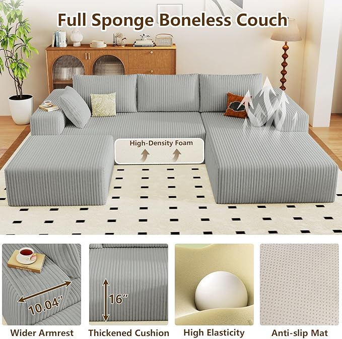 96 U-Shape Cloud Couch Modern Modular Sectional L-Shape Sofa with Ottoman Corduroy Upholstered Couches Deep Seat Chaise Longue for Living Room No Assembly Required(Light Gray Right Facing)