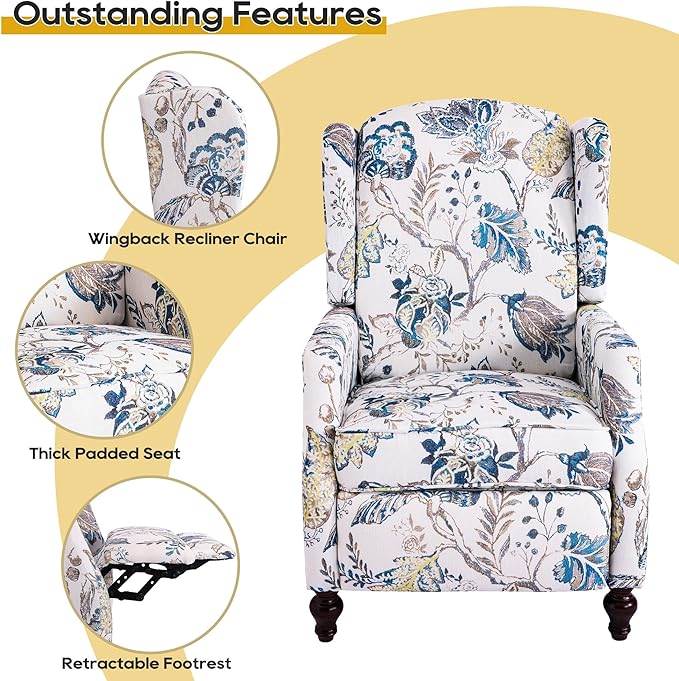 Mid Century Modern Wingback Recliner Chair for Adults Push Back Upholstered Accent Chair with Floral Fabric Manual Reclining Armchair for Living Room Bedroom Reading Corner (Blue Botanical)