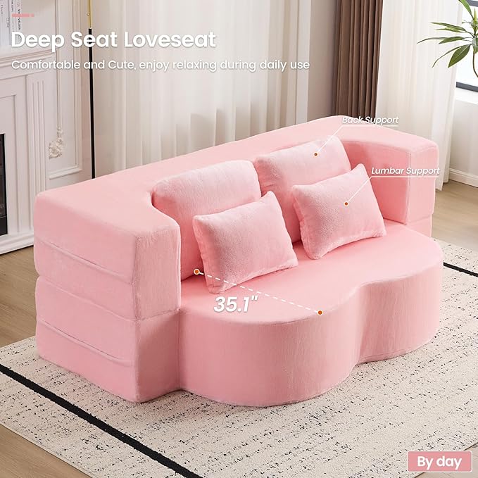 78” Convertible Folding Sofa Bed Full Size Sleeper Loveseat Chenille Full Foam Floor Couch for Living Room Bedroom No Assembly Required (Pink)