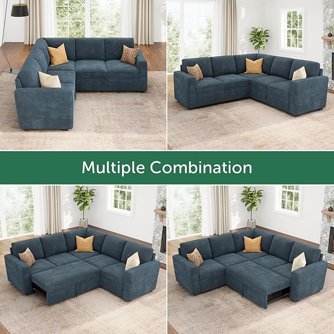 HONBAY Modular Sectional Sleeper Couch with Pull Out Bed Corduroy L Shaped Sofa with Storage Convertible Sectional Couches for Living Room Blue