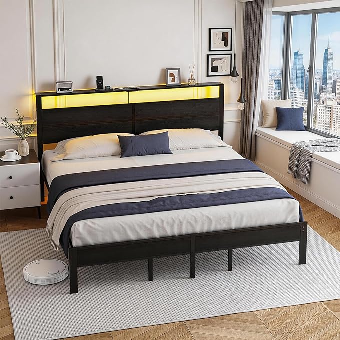 King Size Bed Frame with LED Lights &amp Charging Station Black Metal Platform Bed with Wood Headboard and Sturdy Slats No Box Spring Needed