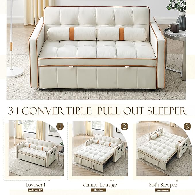 Pull Out Sofa Bed 55.5 Loveseat Sleeper Sofa Bed with Side Pocket Storage Adjustable Backrest and Waist Pillow Suitable for Small Space Living Room Bedroom Office(Beige)