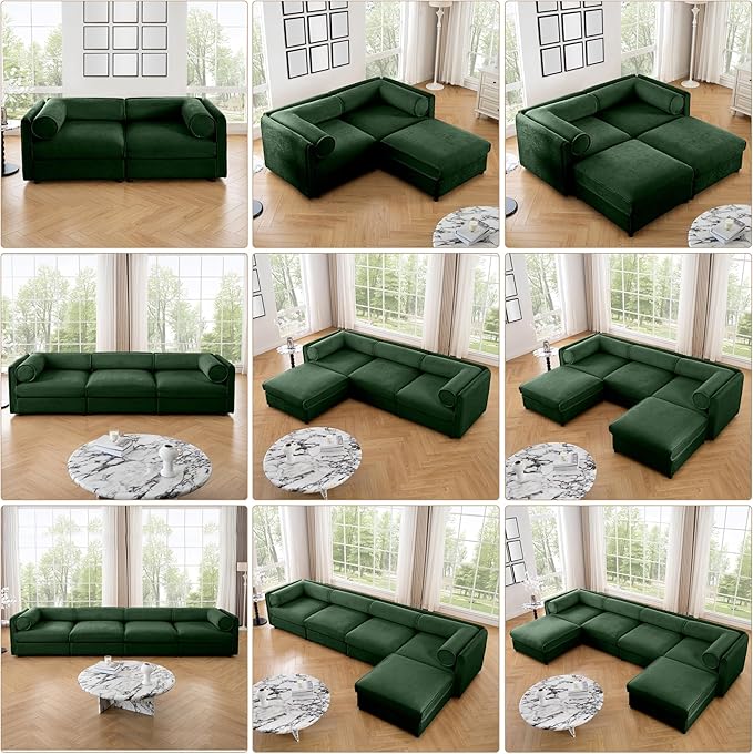Oversized Modular Sectional Sofa 109 Chenille L-Shaped Sofa with Cylindrical Backrest &amp Armrest Modern Comfy 3-Seat Sofa with Ottoman Upholstered Deep Seat Couch for Living Room Green