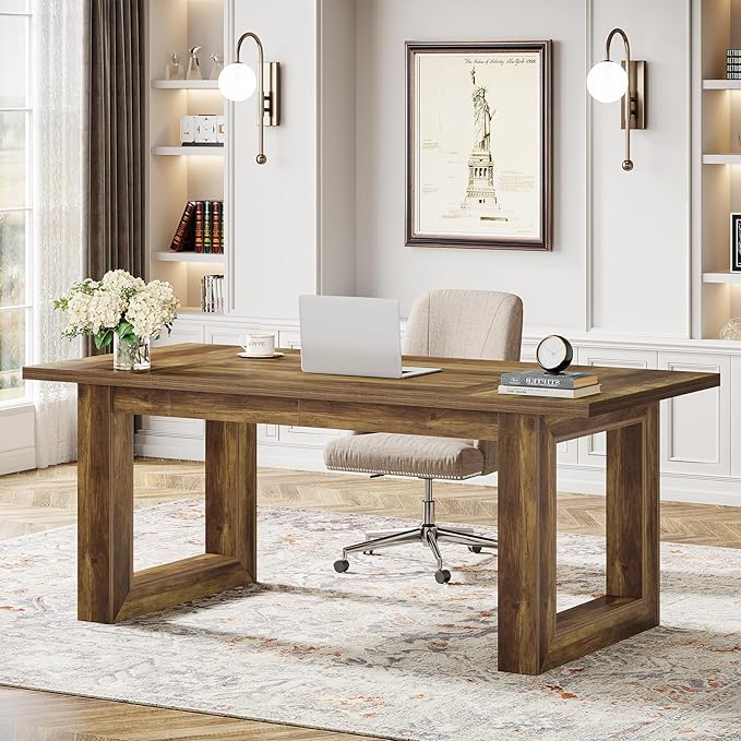 Tribesigns 63-Inch Wood Executive Desk Modern Office Desk Large Computer Table with Solid Wooden Base Work Desk for Home Office (Brown)