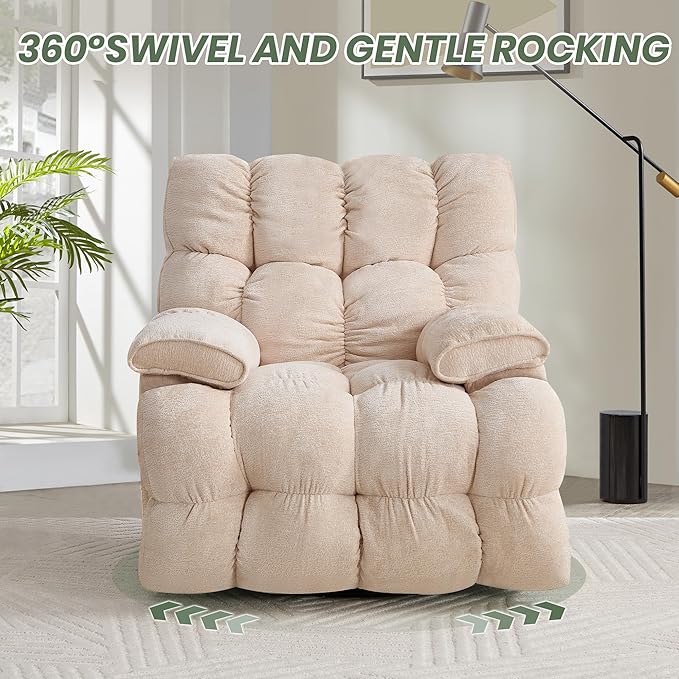 Oversized Rocker Recliner Chair 42” Power Swivel Recliner for Living Room Overstuffed Extra Wide Rocking Recliners with Breathable Soft Fabric Up to 400lbs(Power Beige)