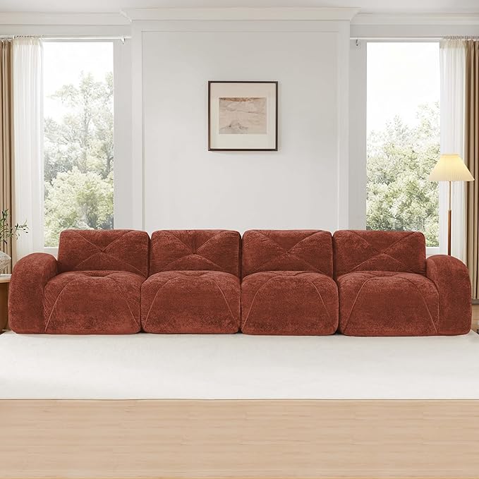 Boneless Couch Sectional Couches for Living Room 140.9'' Cloud Couch with Deep Seat Comfy Soft Velvet Modular Sectional Sofa Modern Oversized 4-Seater Boneless Sofa No Assembly Red