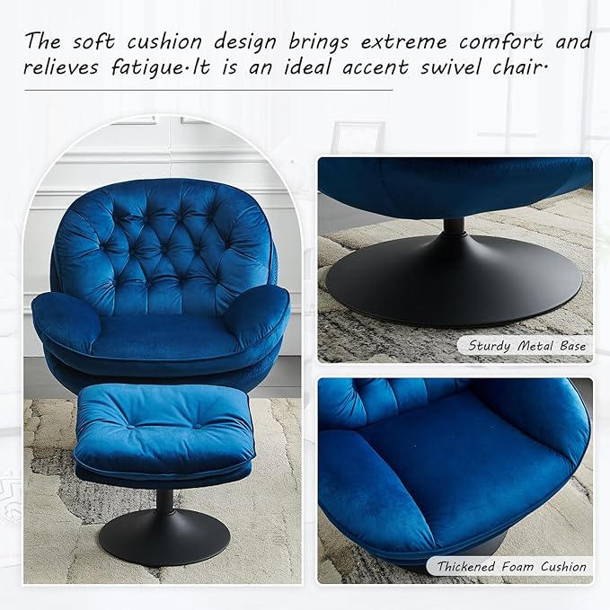 Swivel Accent Chair with Ottoman Set Velvet Modern Lounge Chair with Metal Base Frame &amp Footrest Comfy Lazy Single Leisure Armchair Reading Chair with 360 Swiveling For Living Room/Bedroom/Blue