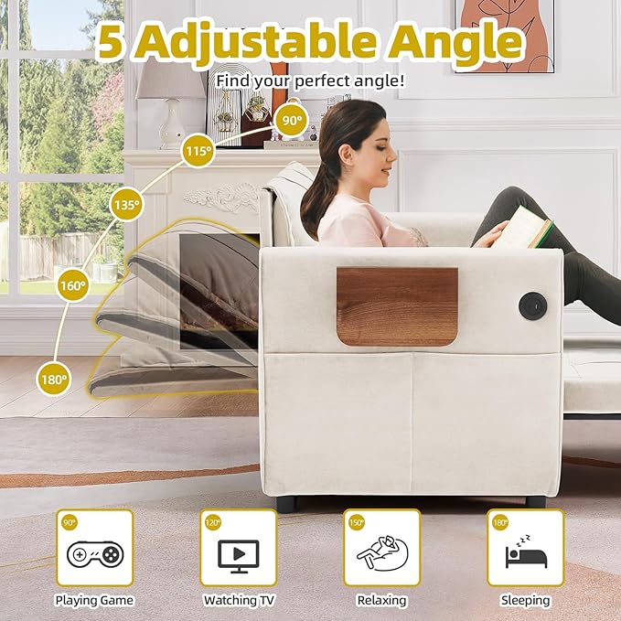 Convertible Sleeper Chair 4 in 1 Pull Out Chair Bed for Adults with Wing Table USB Charging &amp Bottom Storage Space-Saving 90 Single Sofa Bed Chairs for Living Room Dark Gray