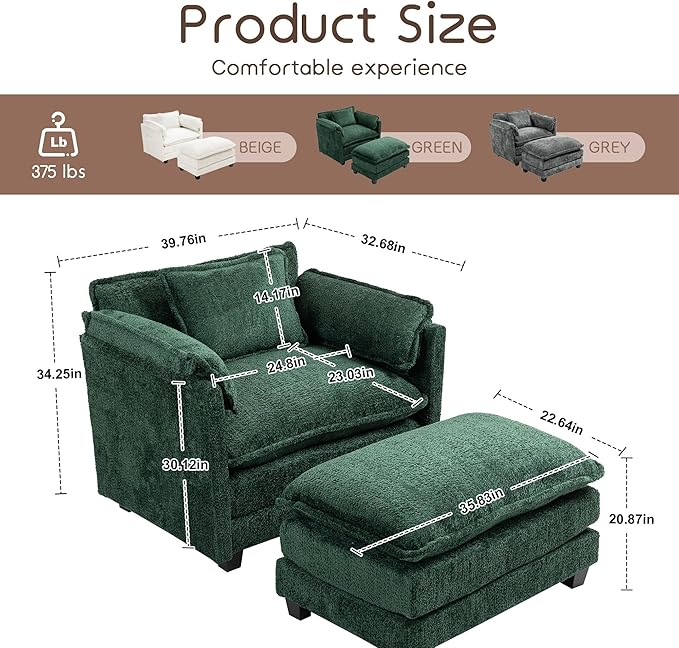 KEIKI Boucle Accent Chair with Storage &amp Ottoman Oversized Reading Arm Chair w/Double Cushion Modern Side Deep Seating Chairs Set Corner Comfy Lounge Armchair for Living Room Bedroom Dark Gre