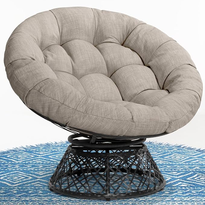 Bme 40 Ergonomic Wicker Papasan Chair with Soft Thick Cushion &amp Frame 360° Swivel Papasan Chair Circle Chair Reading Chair Chair for Living Room Bedroom Silver Cloud - Black Frame