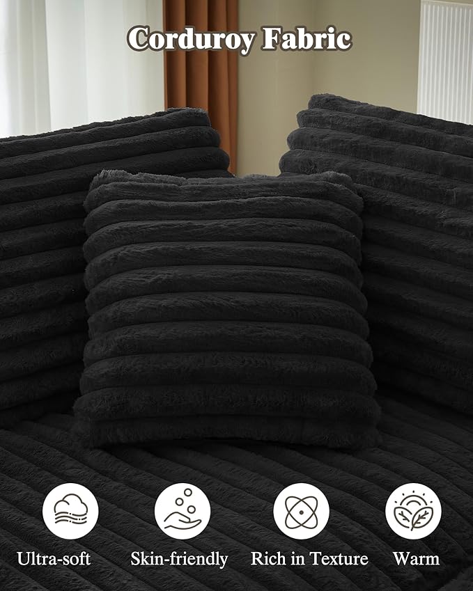 121 inch Boneless Cloud Modular Sectional Couch Wide Curved L Shaped Sofa with Chaise | Corduroy Fabric | Compressed Foam Sofa for Living Room | No Assembly Black
